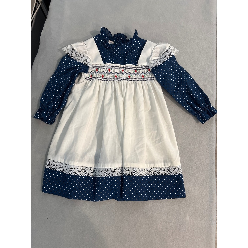 Princess Anne Navy Blue Polka Dot Hand Smocked Lace Trim Dress Kids Size 4